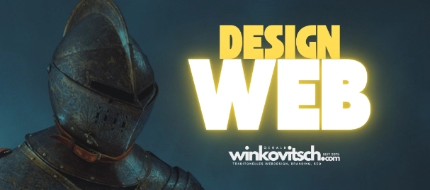 Webdesign Güssing – Ritterhelm mit dem Schriftzug 'WEB DESIGN' in gelb und winkovitsch.com Logo als Overlay
