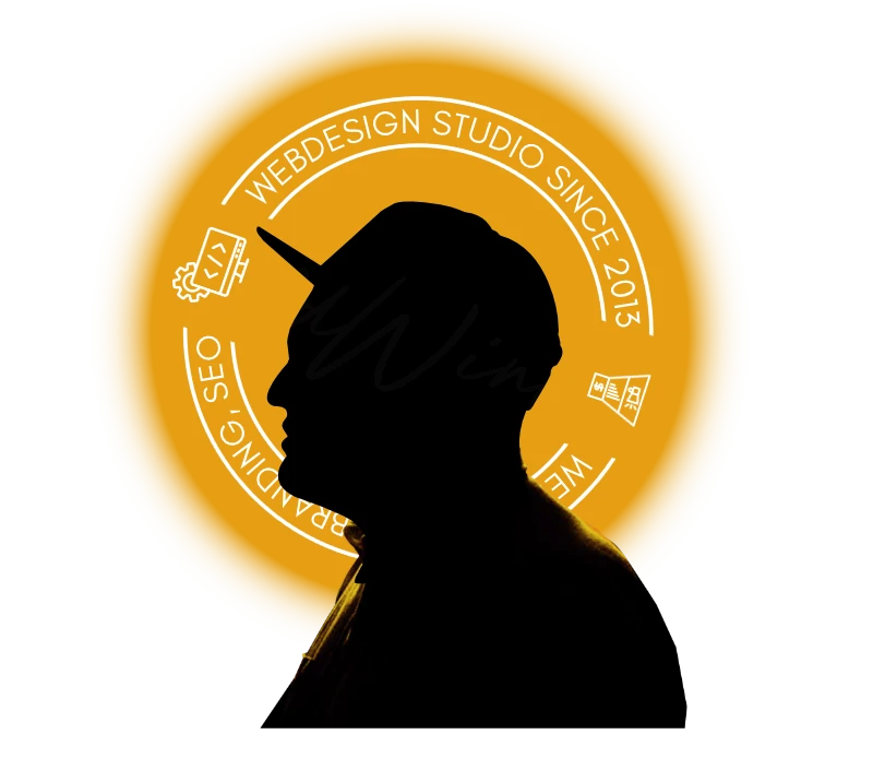 Silhouettenbild von Gerald Winkovitsch vor einem orangefarbenen Kreis, der das Logo seines Webdesign Studios seit 2013 zeigt. Das Design umfasst Symbole für Webdesign, Branding und SEO, um seine Dienstleistungen visuell darzustellen.